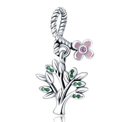 Silver Tree Branch Blue Gems Pink Flower Rope Charm