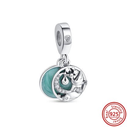 Teal Circle Silver Stork Baby Blessing Crescent Moon Charm