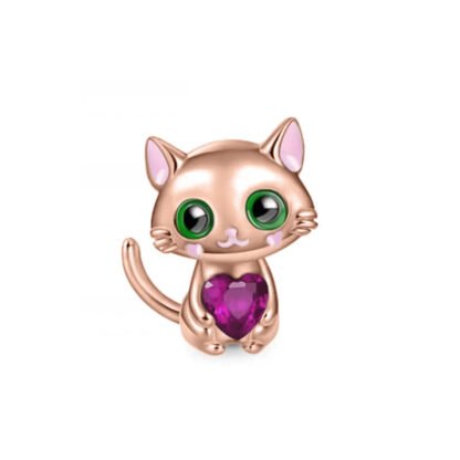 Gold Rose Cheery Cat Magenta Heart Gem Charm