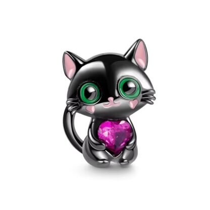 Black Cheery Cat Pink Heart Gem Charm