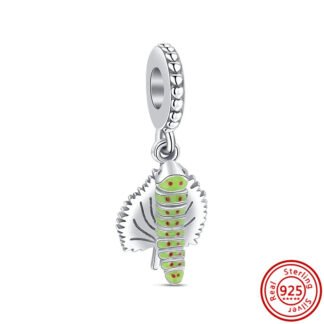 Green Caterpillar on Silver Leaf Charm