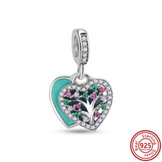 Teal Heart Silver Tree Green and Pink Gems Charm