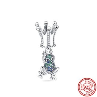 Blue Green Frog Reaching Silver Crown Charm