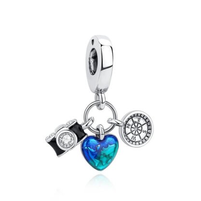 Blue Heart Love Travel Camera Compass Rose Charm