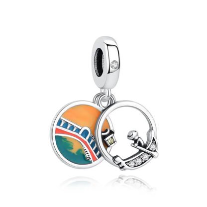 Silver Boat Man Over the Lake Orange Sky Charm