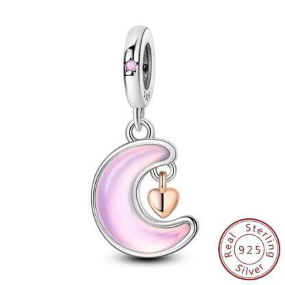 Glossy Pink Bean Crescent Moon Gold Heart Charm
