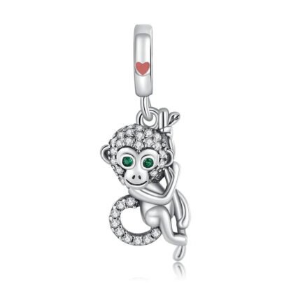 Hanging Silver Monkey Green Eyes Charm