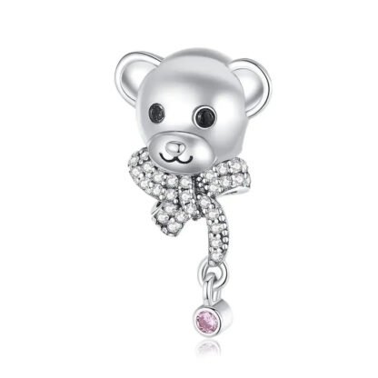Big Silver Teddy Bear Head Sparkly Bow Charm