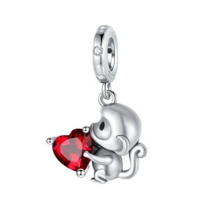 Silver Monkey Holding Red Heart Gem Charm