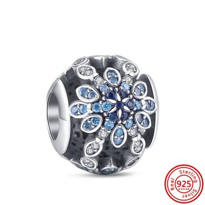 Silver Black Blue Flower Gems Pattern Bead Charm