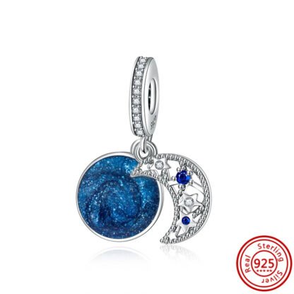 Silver Crescent Moon Deep Sparkly Blue Space Charm