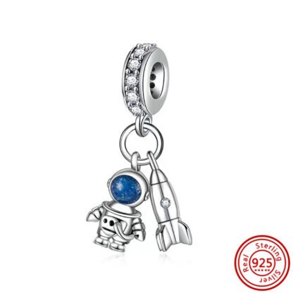 Silver Astronaut Blue Face and Rocket Charm