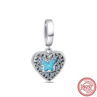 Ornate Magical Silver Heart Blue Butterfly Charm