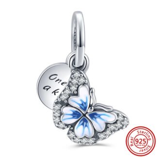 Blue and White Wings Silver Butterfly Message Charm