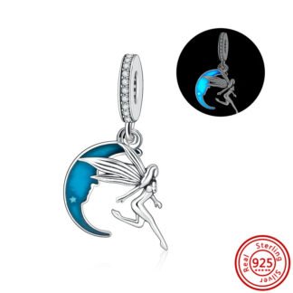 Glow in the Dark Silver Pixie Fairy Blue Crescent Moon Charm