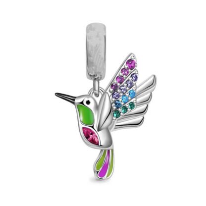 Silver Hummingbird Tropical Green Pink Charm