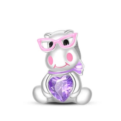 Nerdy Cute Hippo Pink Glasses Purple Heart Gem Charm