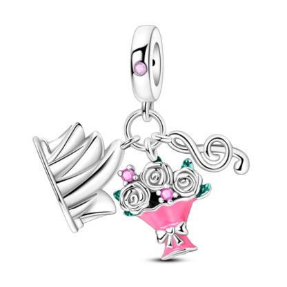 Silver Pink Bouquet Musical Note Charm