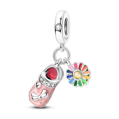 Pink Baby Shoe Rainbow Flower Charm