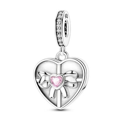 Silver Valentine Heart Shaped Openable Box Pink Gem Charm