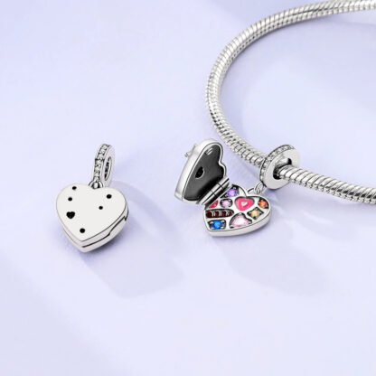 Silver Valentine Heart Shaped Openable Box Pink Gem Charm - Image 2