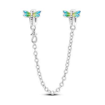 Silver Blue Green Dragonflies Chain Charm