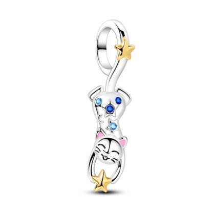 Silver Stars Cat Hanging Blue Gems Charm