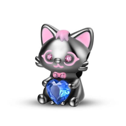 Black Pink Cute Cat Blue Heart Gem Charm