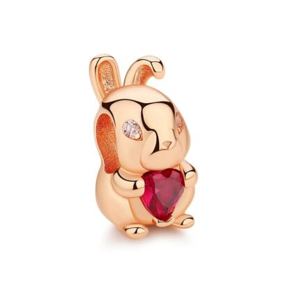 Gold Bunny Rabbit Red Heart Gem Charm