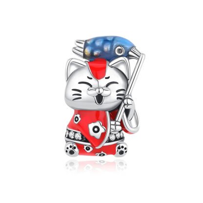 Silver Traditional Cat Celebrating Blue Fish Flag Japanese Charm