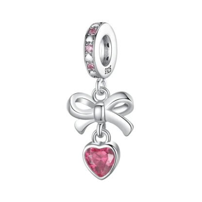 Silver Bow Pale Red Heart Gem Charm