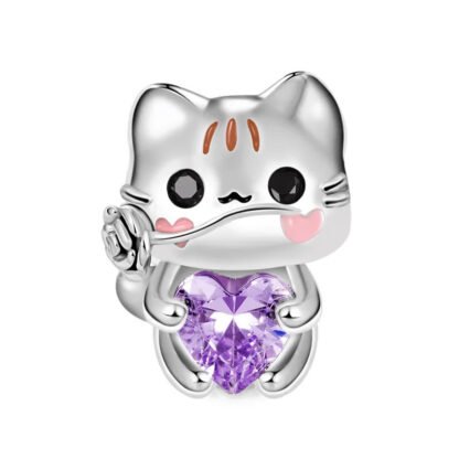 Silver Kitten Heart Cheek Purple Heart Gem Charm
