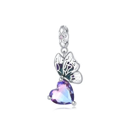 Silver Butterfly Prismatic Heart Gem Charm