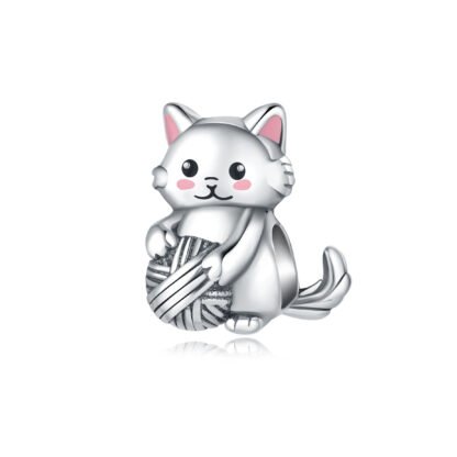Silver Cat Playing with Yarn Charm