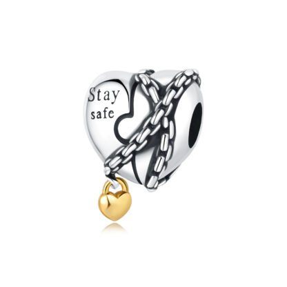 Silver Chained Heart Mini Gold Lock Charm