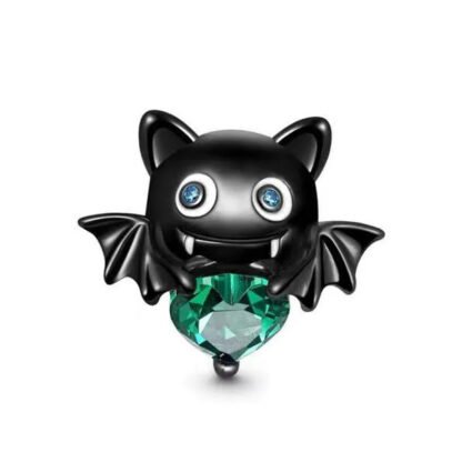 Black Baby Bat Emerald Green Heart Gem Charm