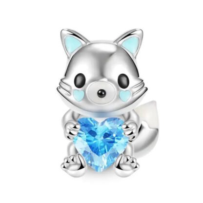 Silver Fox Sitting Holding Blue Heart Gem Charm