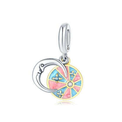 Silver Crescent Moon Blue and Pink Abstract Space Charm