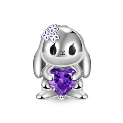 Silver Bunny Sitting Holding Purple Heart Gem Charm