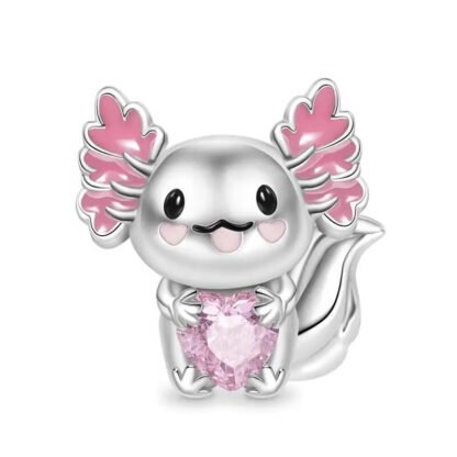 Silver Pink Axolotl Sitting Holding Pink Heart Gem Charm