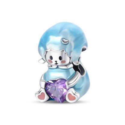 Blue Sheep Sitting Holding Purple Heart Gem Charm