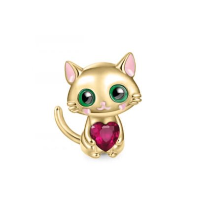 Gold Cheery Cat Pink Heart Gem Charm