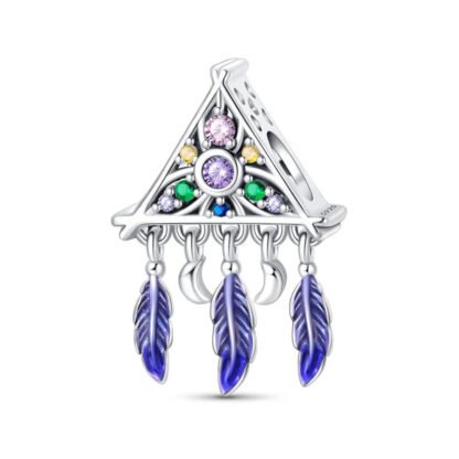 Silver Pyramid Blue Feathers Dreamcatcher Charm