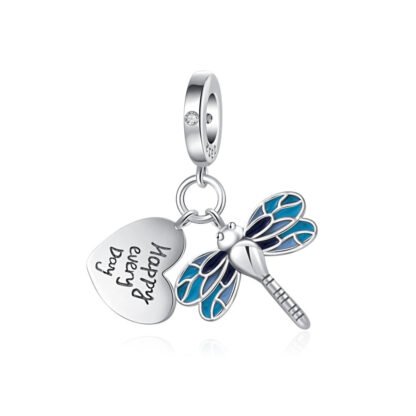 Silver Minimal Blue Dragonfly Happy Charm