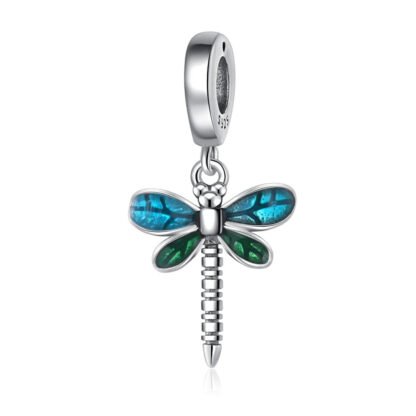 Silver Dragonfly Blue Green Wings Charm