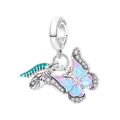 Silver Prismatic Butterfly and Teal Caterpillar Charm