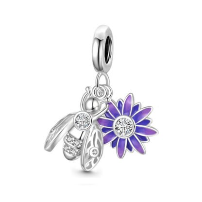 Silver Bee Purple Flower Charm