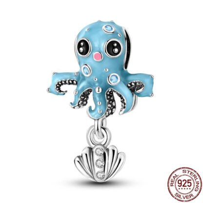 Blue Cute Octopus Silver Shell Ocean Charm