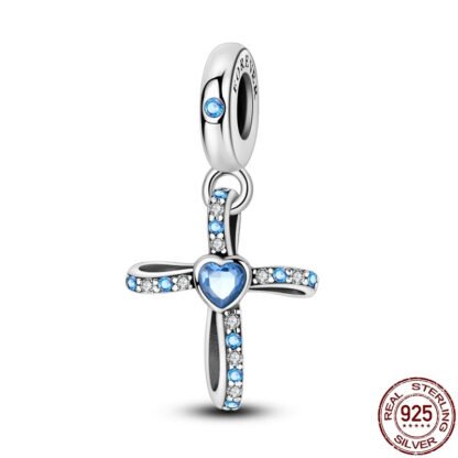 Silver Ribbon Cross Blue Gems Charm