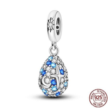 Silver Cosmic Space Star Moon Egg Blue Gems Charm